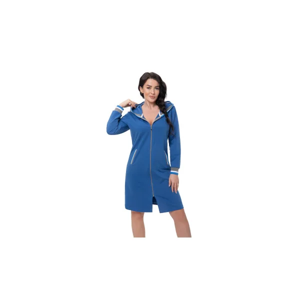 DOROTA kuscheliger und moderner Damen Bademantel, mit Reißverschluss, Taschen & Kapuze, Blau Gr. XXL