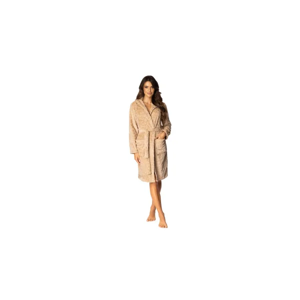 ENVIE kuscheliger und moderner Damen-Bademantel mit Bindeband und Taschen (L/XL (40/42), Beige-Leomuster)